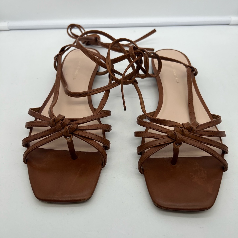 LOEFFLER RANDALL Lorelai Cognac Leather Open Toe Ankle Wrap Flat Sandals sz 10.5 - Picture 5 of 10
